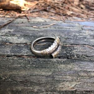 Vintage silver adjustable ring with etching and goldstone accents size 6 1/2 +